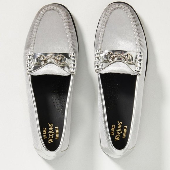 Anthropologie Bass Weejuns Lianna Velvet Metallic Silver Loafers Size 9